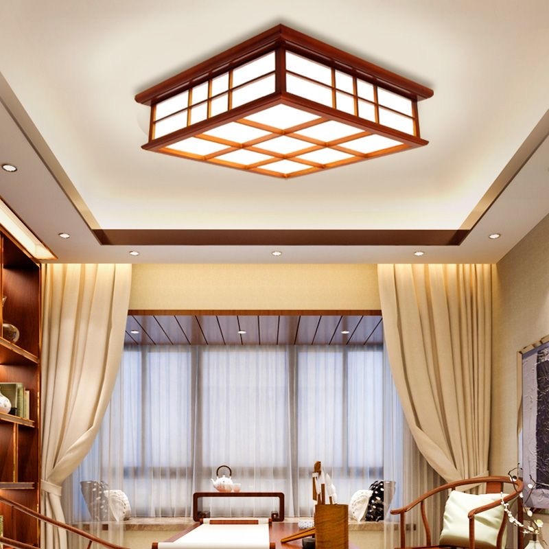 35x35cm Wooden Ceiling Light- Asian Japanese-Style Ceiling Lighting Korean Minimalist Living Room Bedroom Study Led Lamps Wood