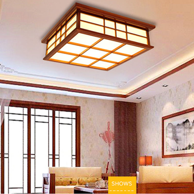35x35cm Wooden Ceiling Light- Asian Japanese-Style Ceiling Lighting Korean Minimalist Living Room Bedroom Study Led Lamps Wood