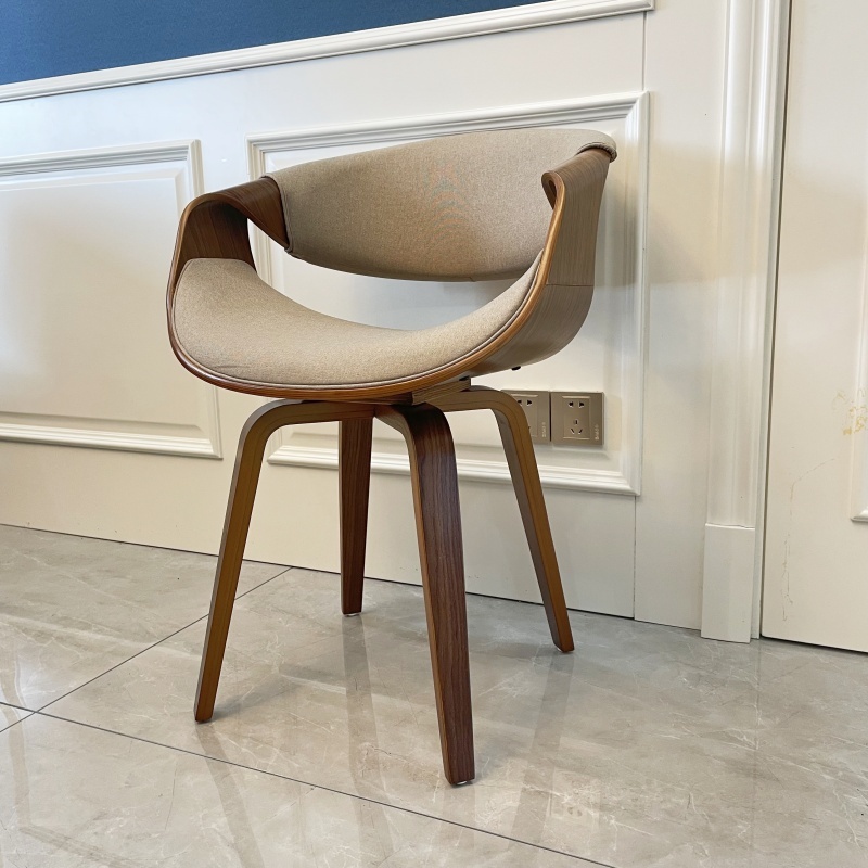 Mid Century Curved Back Dining Chair- Walnut Legs, Khaki Linen Fabric