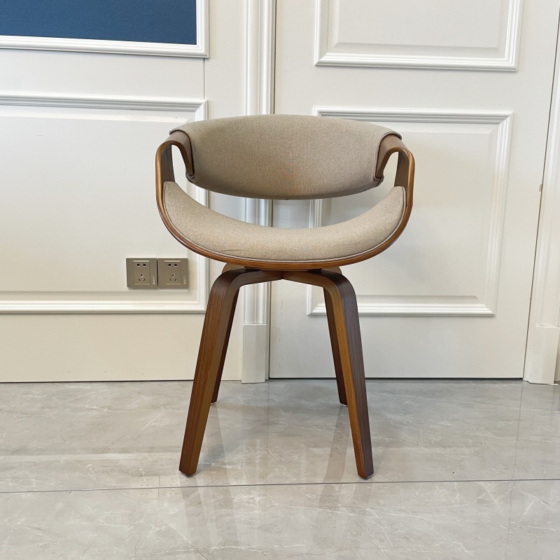 Mid Century Curved Back Dining Chair- Walnut Legs, Khaki Linen Fabric