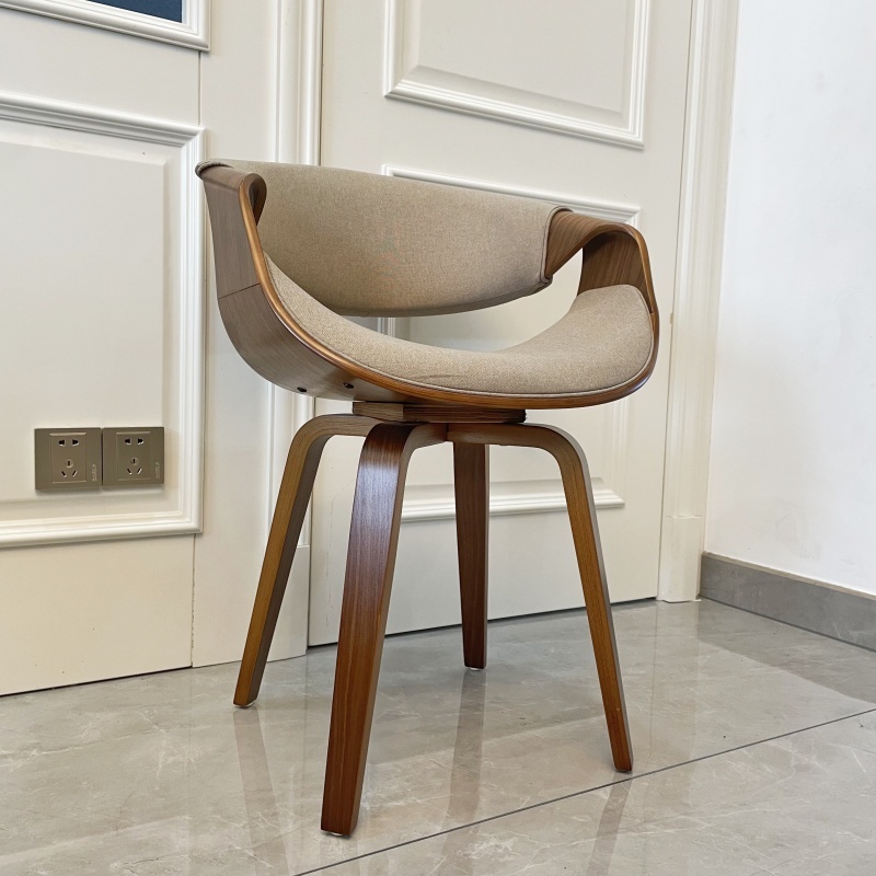 Mid Century Curved Back Dining Chair- Walnut Legs, Khaki Linen Fabric