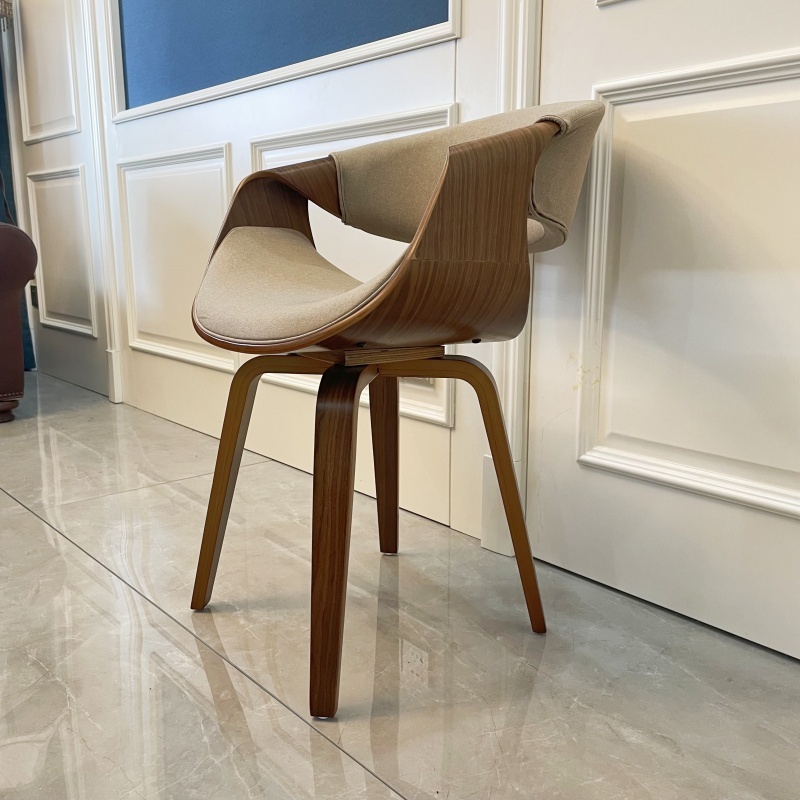 Mid Century Curved Back Dining Chair- Walnut Legs, Khaki Linen Fabric