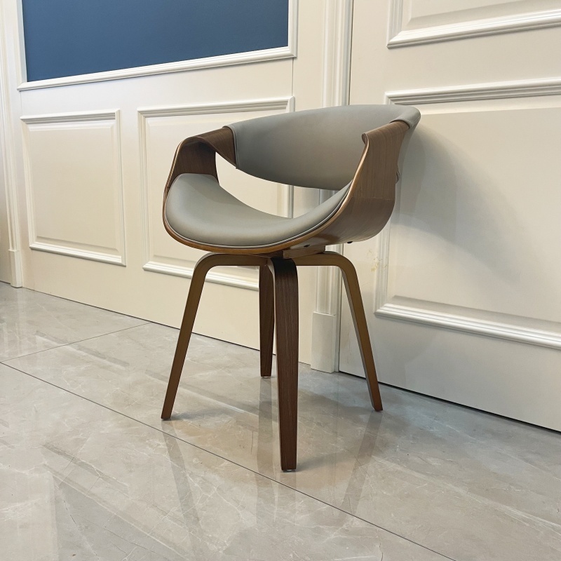 Mid Century Curved Back Dining Chair- Walnut Legs, Grey Leather