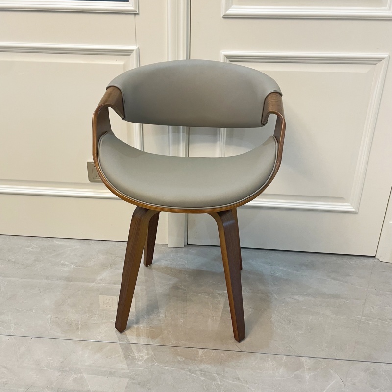 Mid Century Curved Back Dining Chair- Walnut Legs, Grey Leather