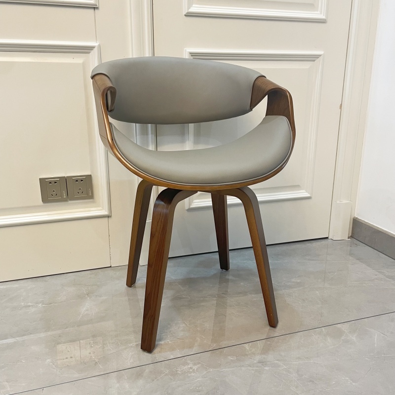Mid Century Curved Back Dining Chair- Walnut Legs, Grey Leather