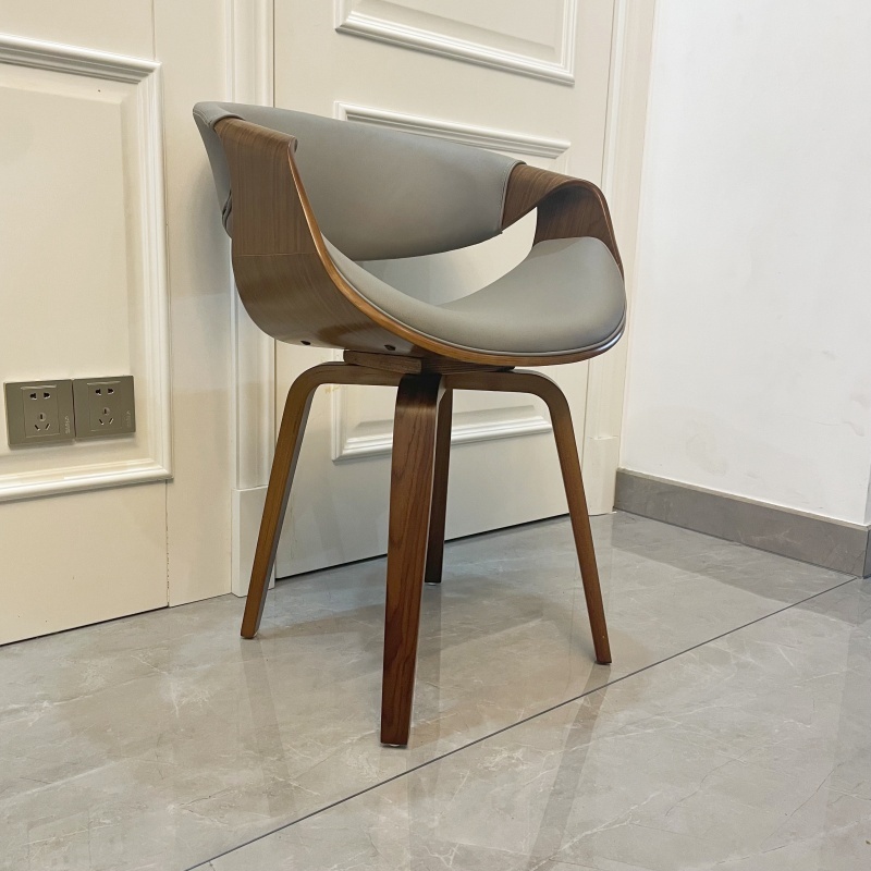 Mid Century Curved Back Dining Chair- Walnut Legs, Grey Leather