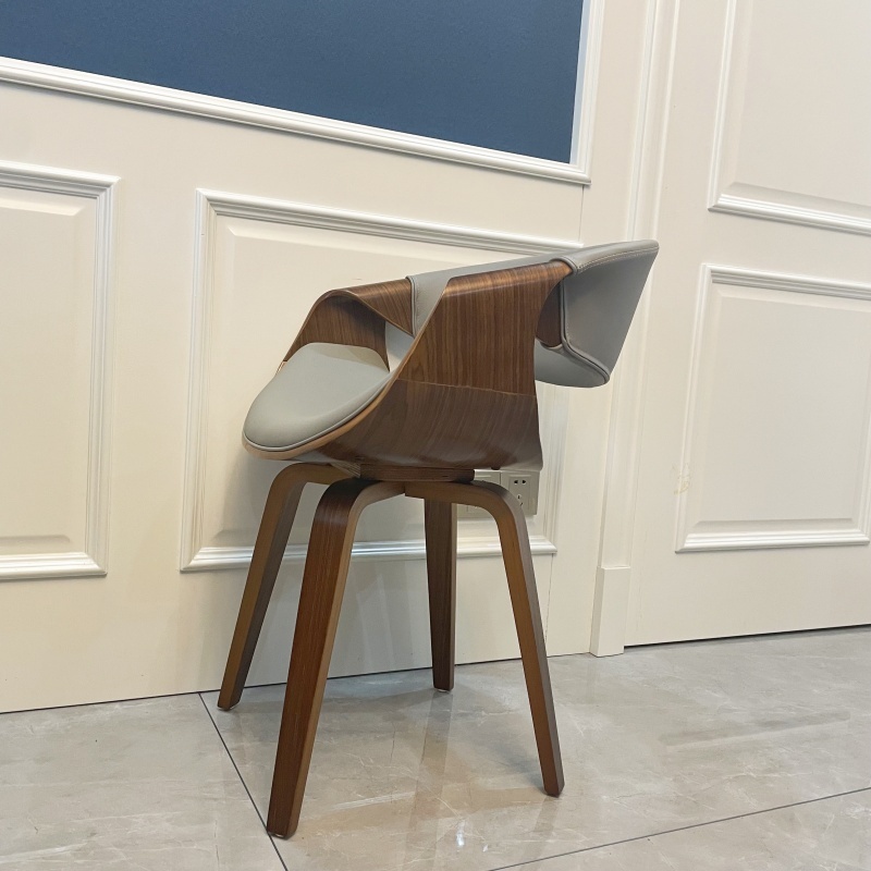 Mid Century Curved Back Dining Chair- Walnut Legs, Grey Leather