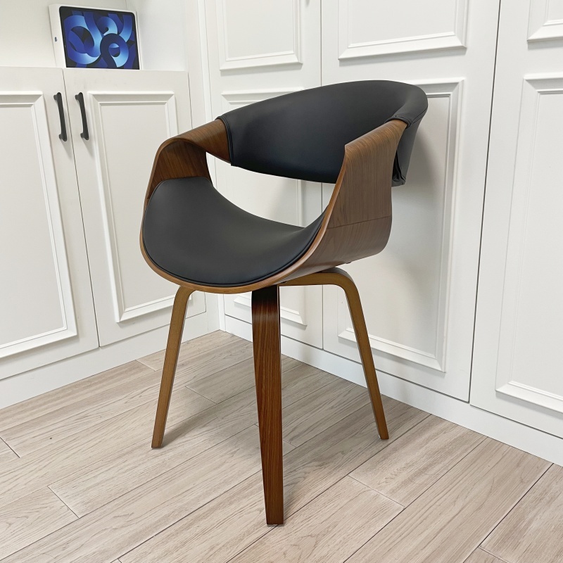 Mid Century Curved Back Dining Chair- Walnut Legs, Black Leather