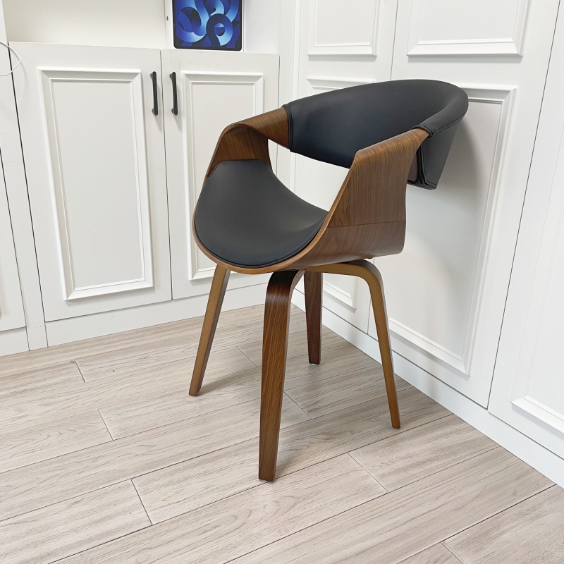 Mid Century Curved Back Dining Chair- Walnut Legs, Black Leather