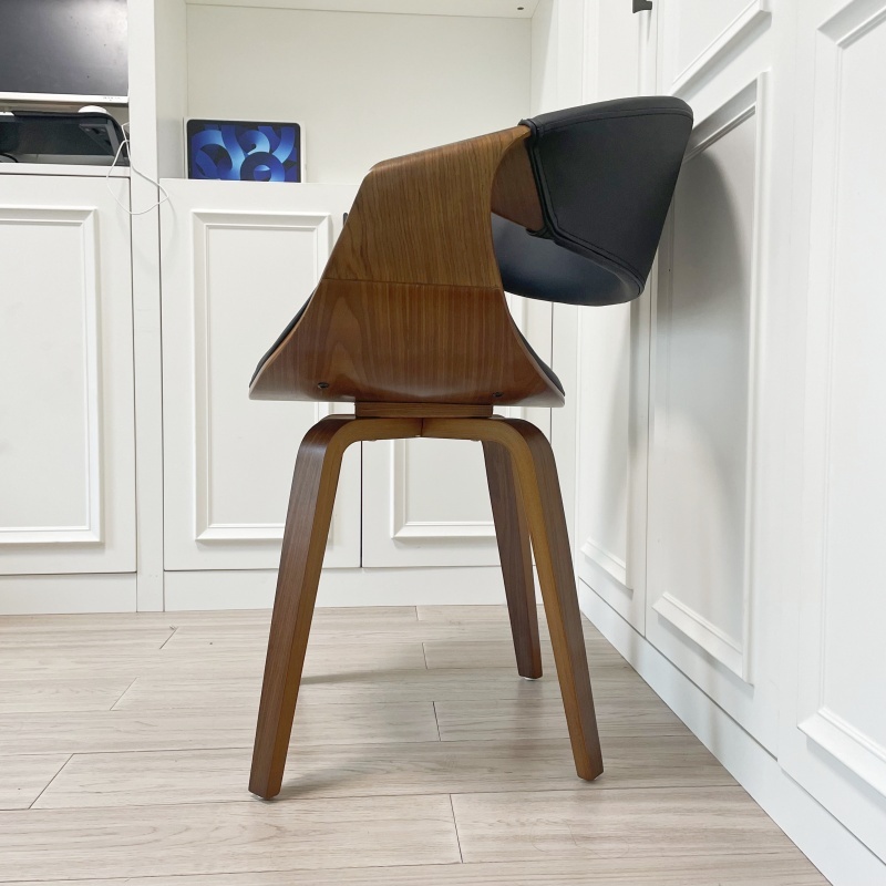 Mid Century Curved Back Dining Chair- Walnut Legs, Black Leather