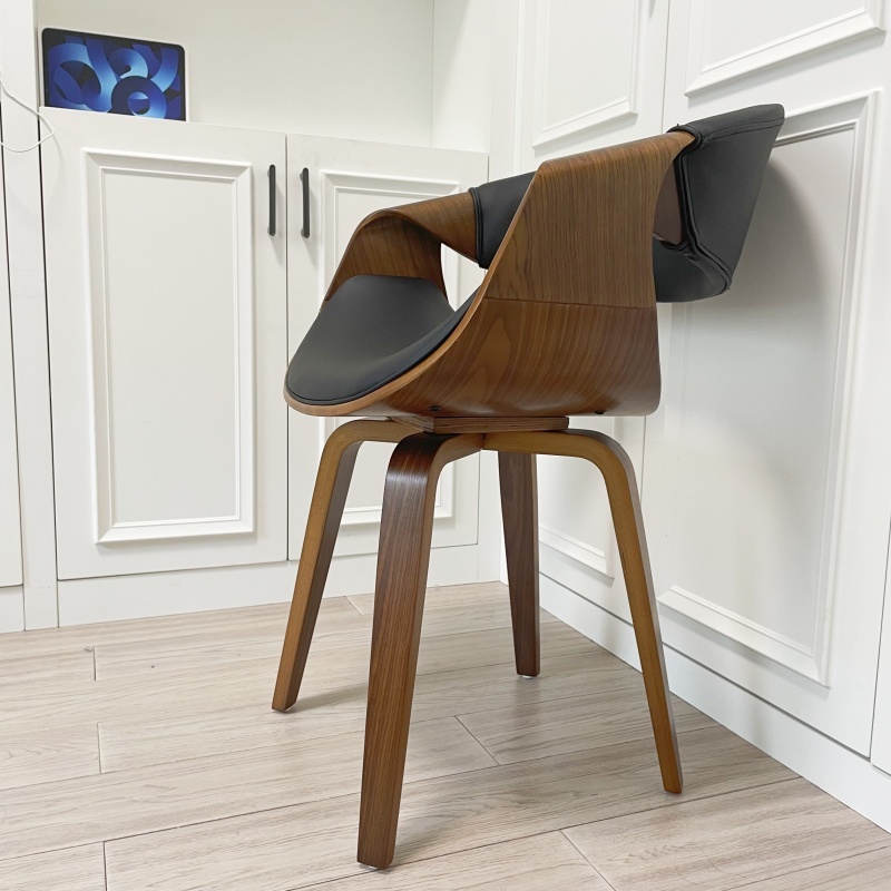 Mid Century Curved Back Dining Chair- Walnut Legs, Black Leather