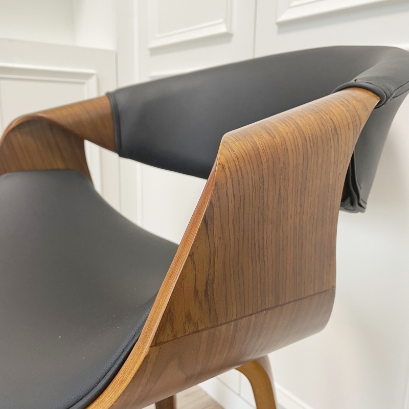 Mid Century Curved Back Dining Chair- Walnut Legs, Black Leather