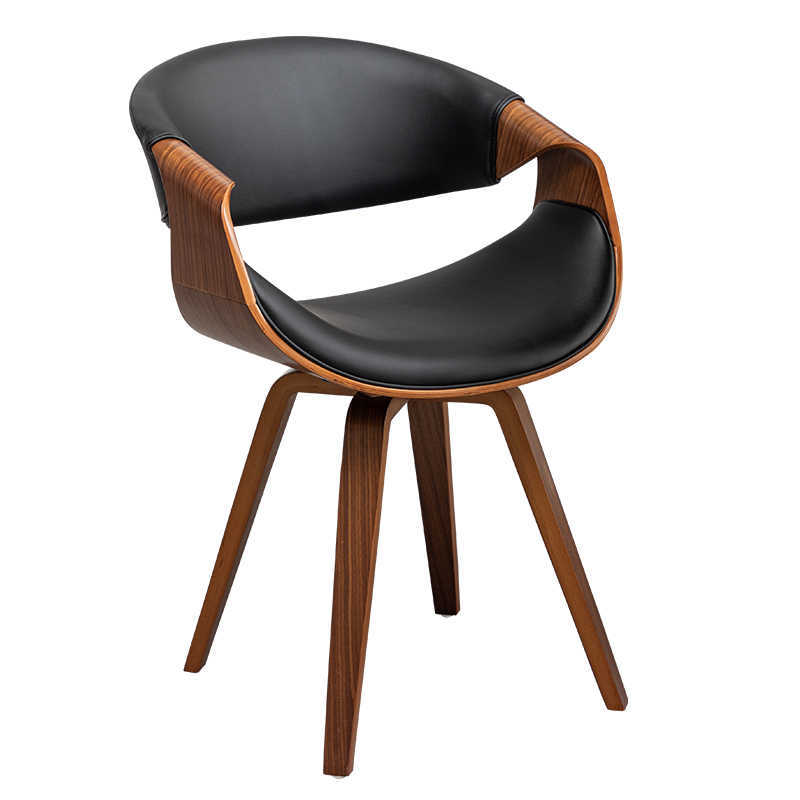 Mid Century Curved Back Dining Chair- Walnut Legs, Black Leather