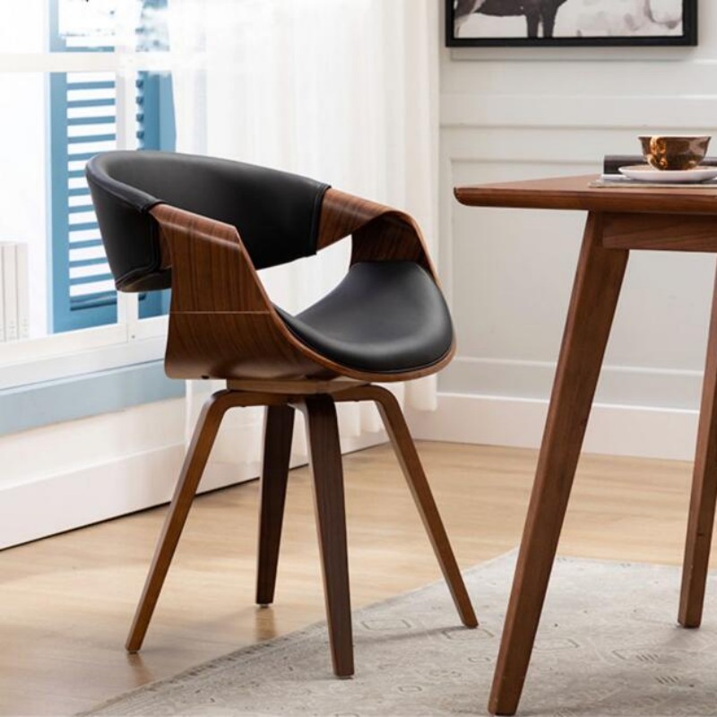 Mid Century Curved Back Dining Chair- Walnut Legs, Black Leather