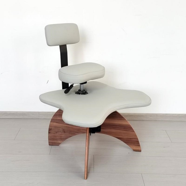 Ergonomic Kneeling Chair with Wooden Legs- Walnut Plywood, Grey Leathers