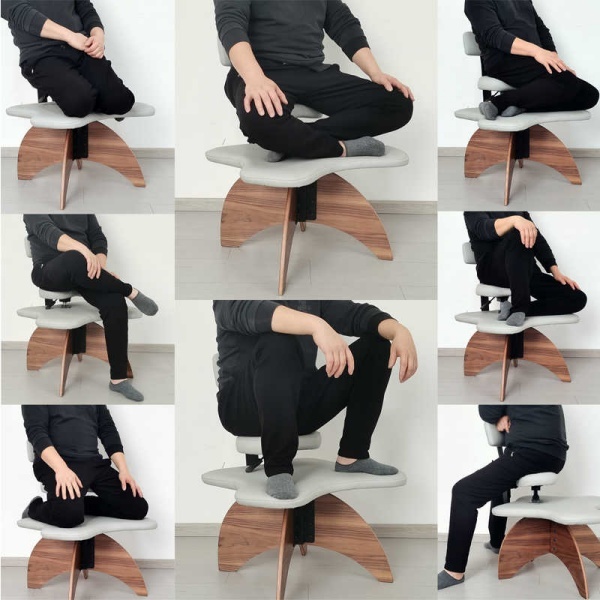 Ergonomic Kneeling Chair with Wooden Legs- Walnut Plywood, Grey Leathers