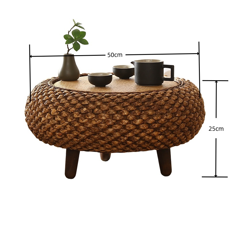 Round Rattan Coffee Table, Wicker Coffee Table with Wooden Legs