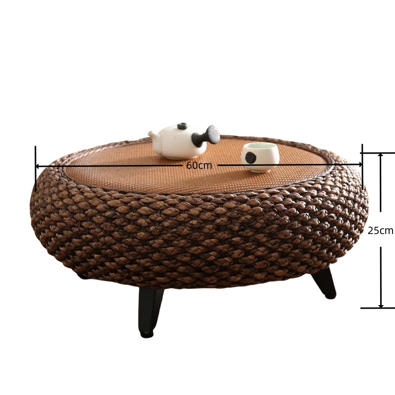 Round Rattan Coffee Table, Wicker Coffee Table with Wooden Legs