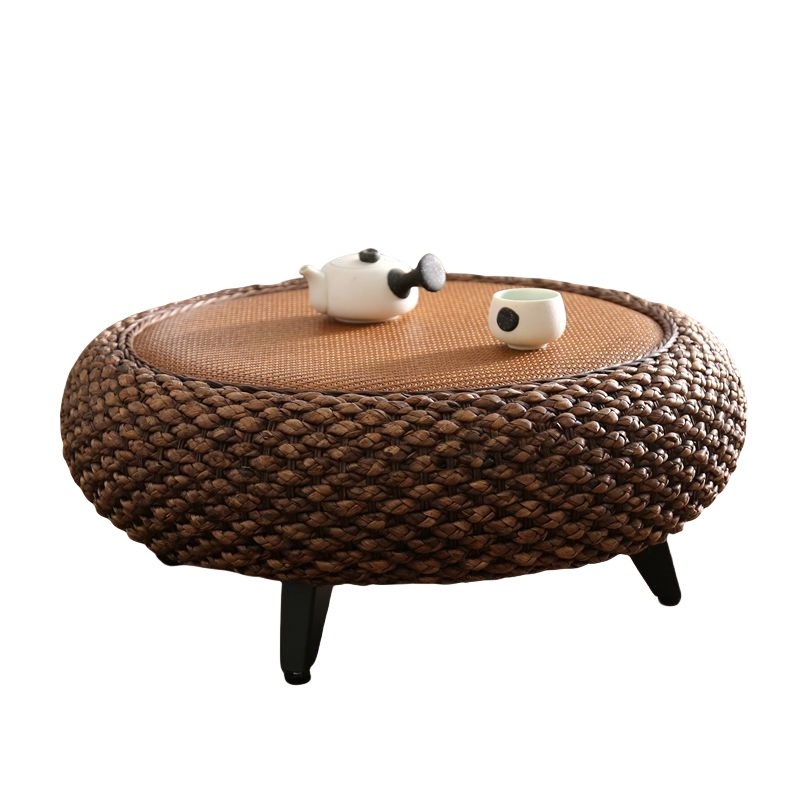 Round Rattan Coffee Table, Wicker Coffee Table with Wooden Legs