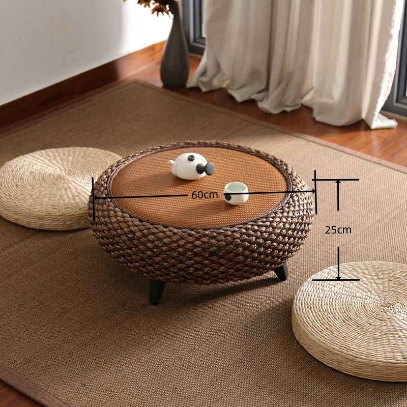 Round Rattan Coffee Table, Wicker Coffee Table with Wooden Legs