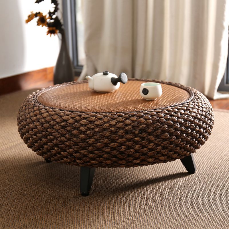 Round Rattan Coffee Table, Wicker Coffee Table with Wooden Legs