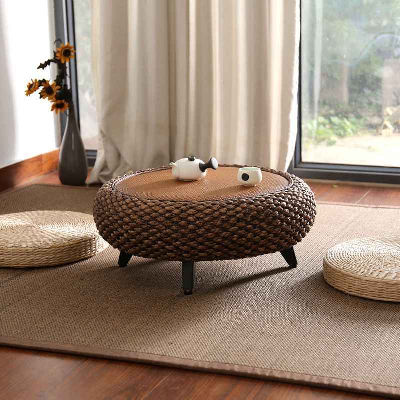 Round Rattan Coffee Table, Wicker Coffee Table with Wooden Legs