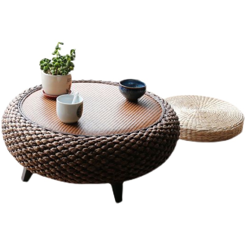 Round Rattan Coffee Table, Wicker Coffee Table with Wooden Legs