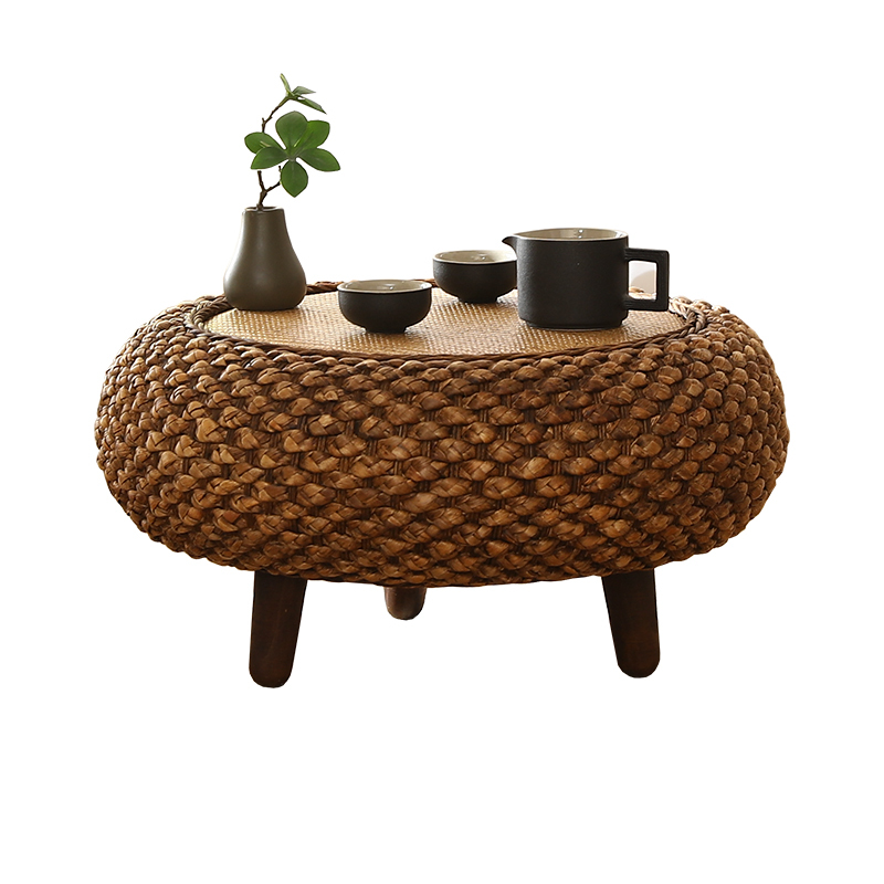 Round Rattan Coffee Table, Wicker Coffee Table with Wooden Legs