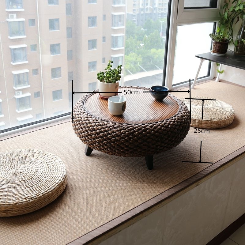 Round Rattan Coffee Table, Wicker Coffee Table with Wooden Legs