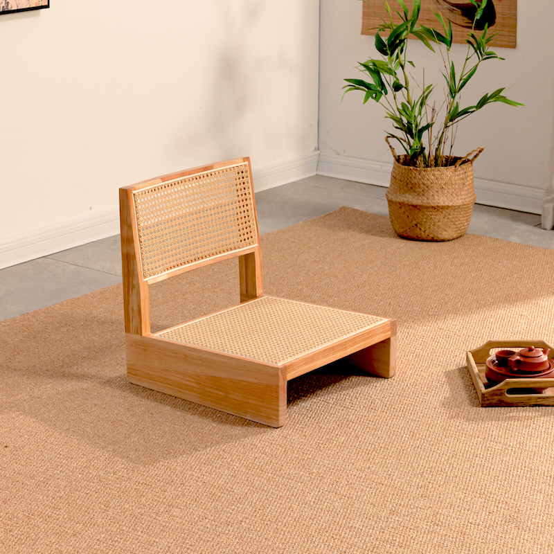 Japanese Style Zaisu Legless Chair, Rattan Back, Natural Finish