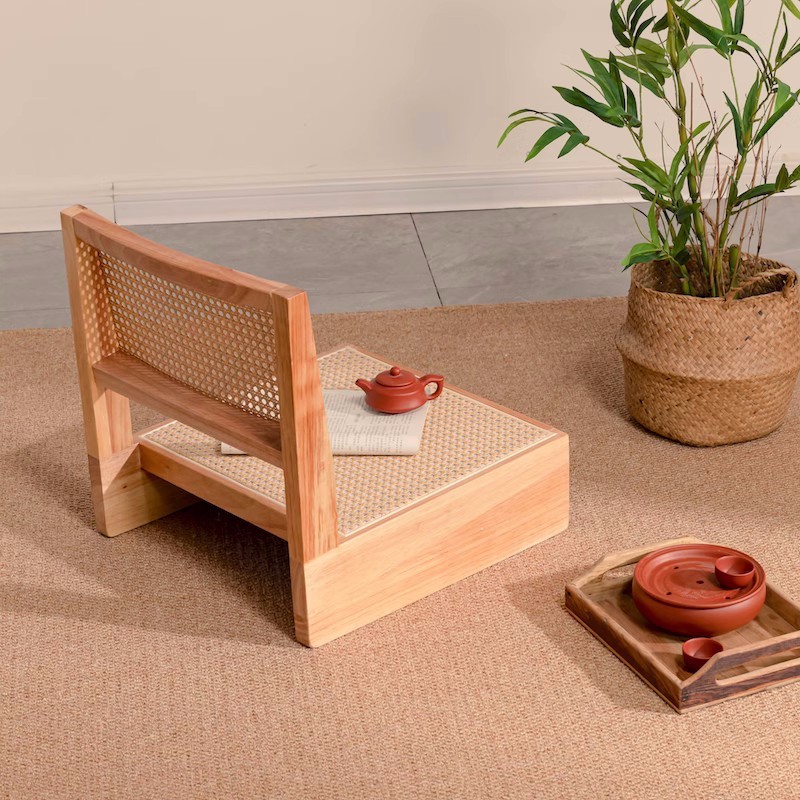 Japanese Style Zaisu Legless Chair, Rattan Back, Natural Finish