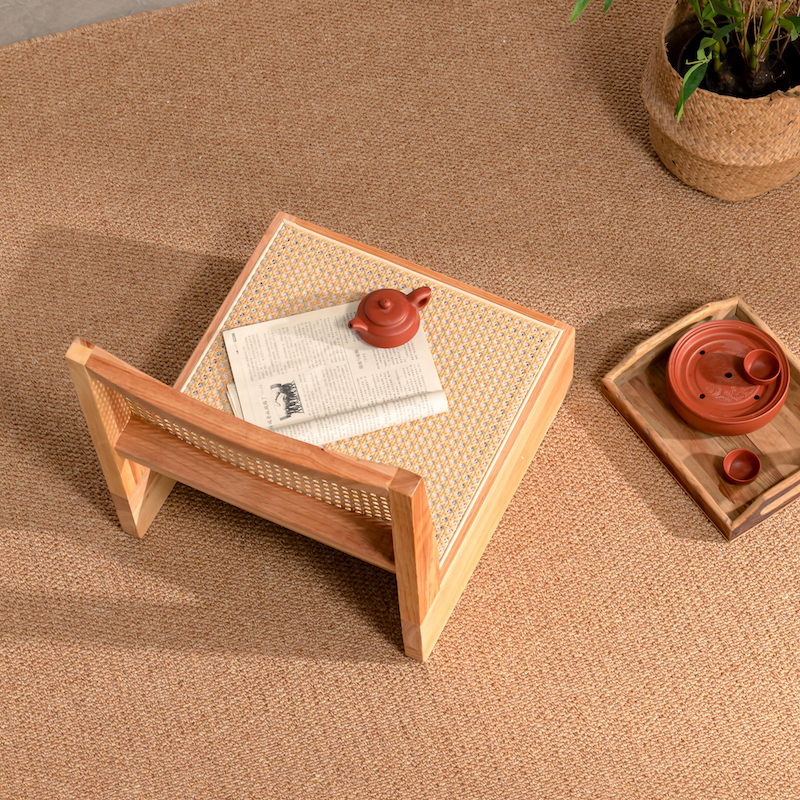 Japanese Style Zaisu Legless Chair, Rattan Back, Natural Finish