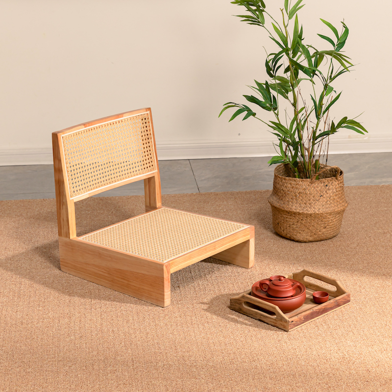 Japanese Style Zaisu Legless Chair, Rattan Back, Natural Finish