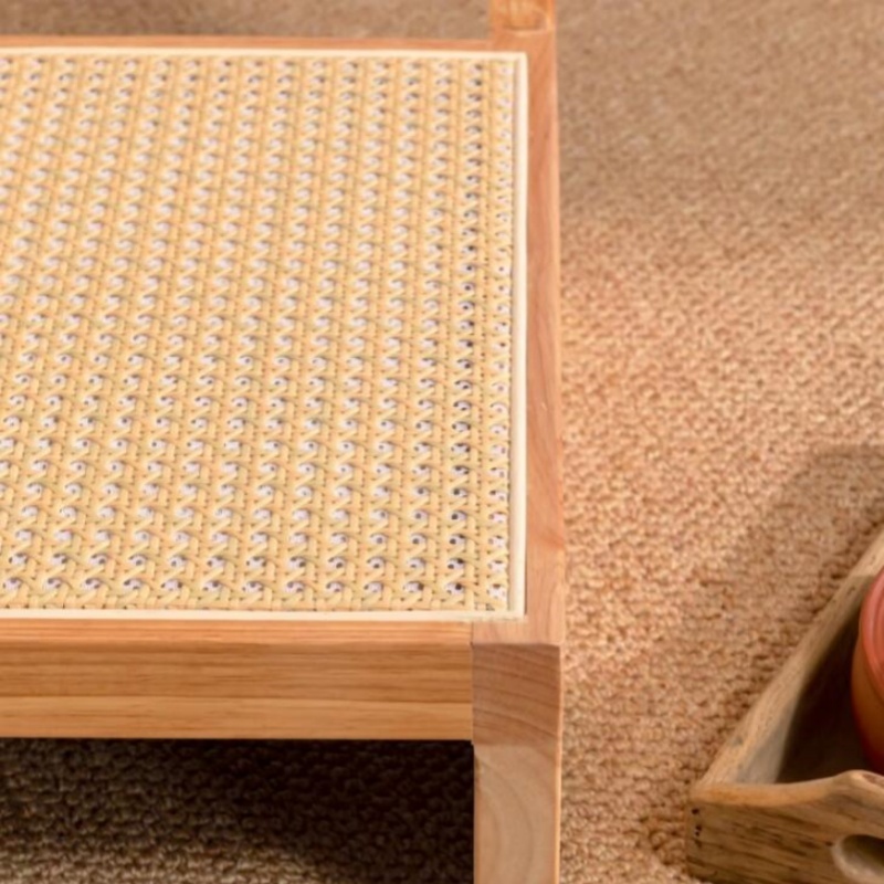 Japanese Style Zaisu Legless Chair, Rattan Back, Natural Finish