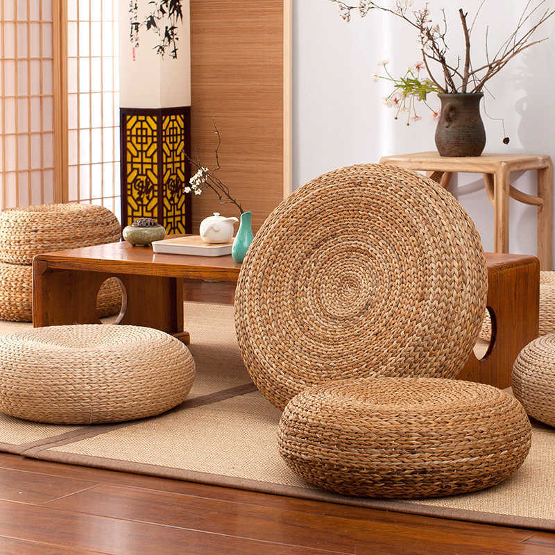 Handcrafted Eco-friendly Breathable Padded Knitted Straw Seat Cushion Banana Bark Pouf Ottoman Floor Seating Tatami Furniture
