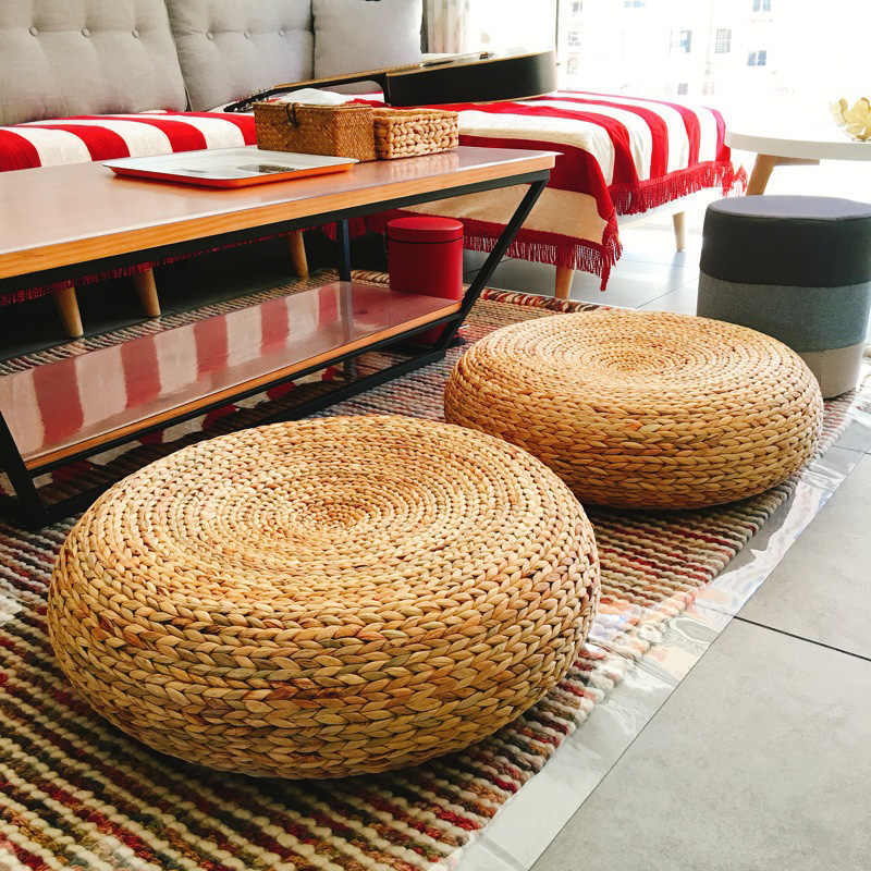 Handcrafted Eco-friendly Breathable Padded Knitted Straw Seat Cushion Banana Bark Pouf Ottoman Floor Seating Tatami Furniture