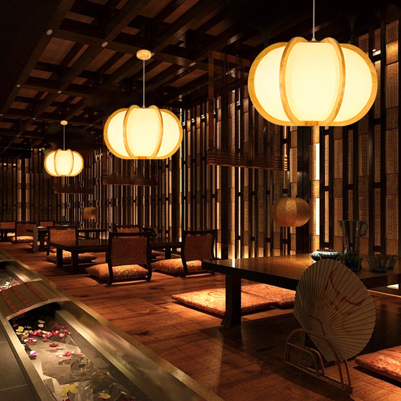 Japanese Style Wooden Pendant Lamps E27 Base, Natural Finish