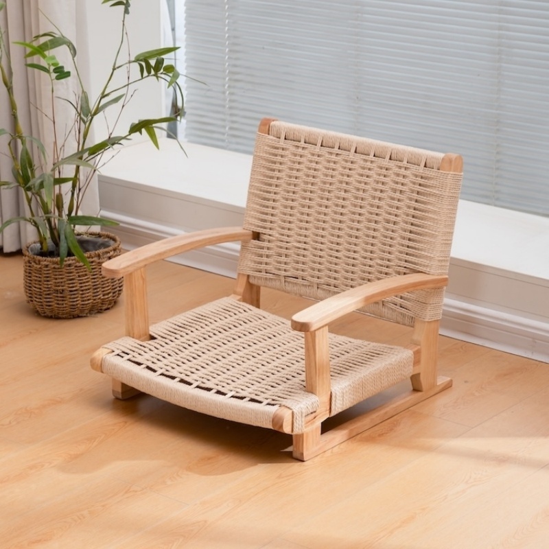 Japanese Tatami Floor Chair with Back Support - Solid Wood Frame and Handwoven Rattan Seat & Backrest