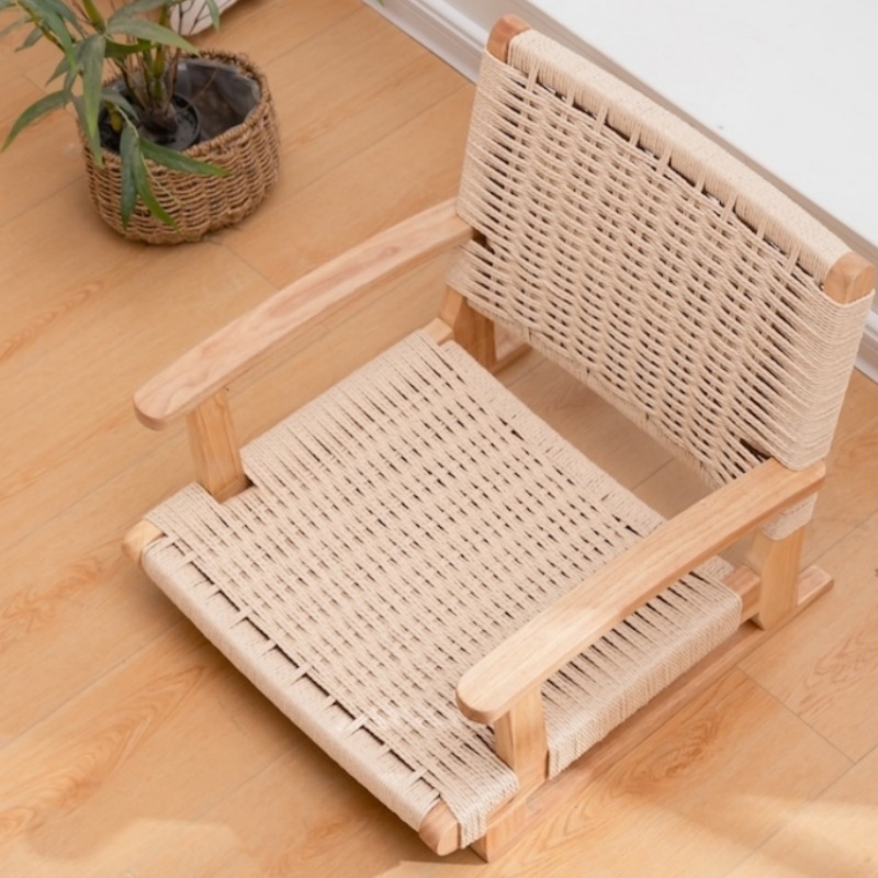 Japanese Tatami Floor Chair with Back Support - Solid Wood Frame and Handwoven Rattan Seat & Backrest
