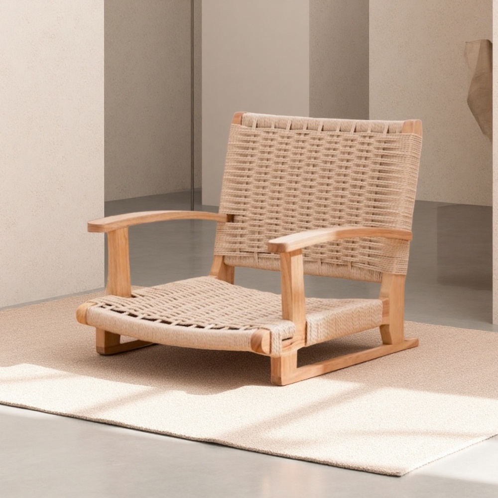 Japanese Tatami Floor Chair with Back Support - Solid Wood Frame and Handwoven Rattan Seat & Backrest