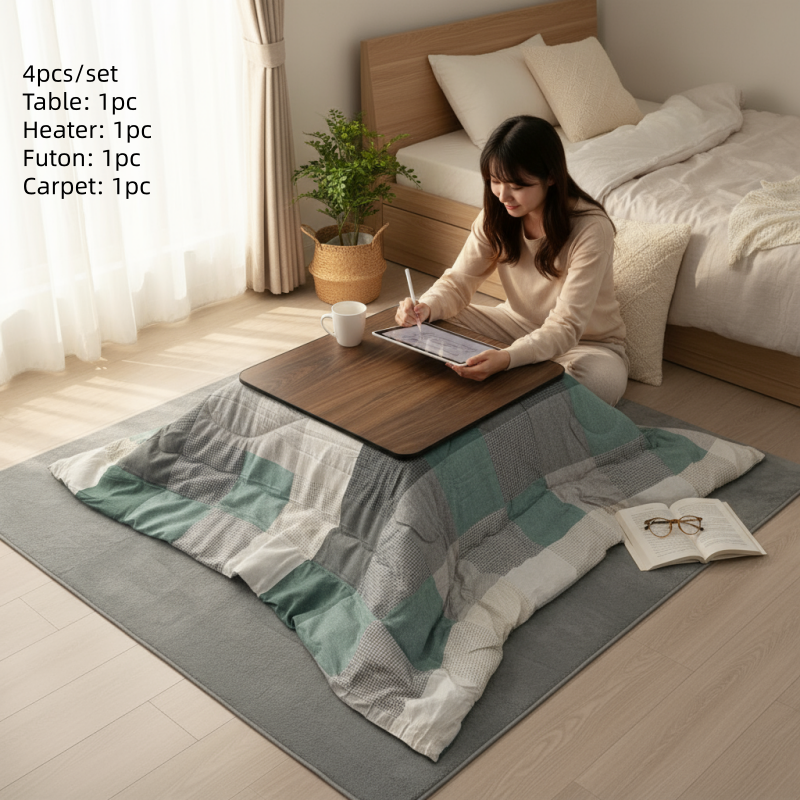 Stay Warm with a 4-Piece Kotatsu Set - Black Table, Heater, Futon