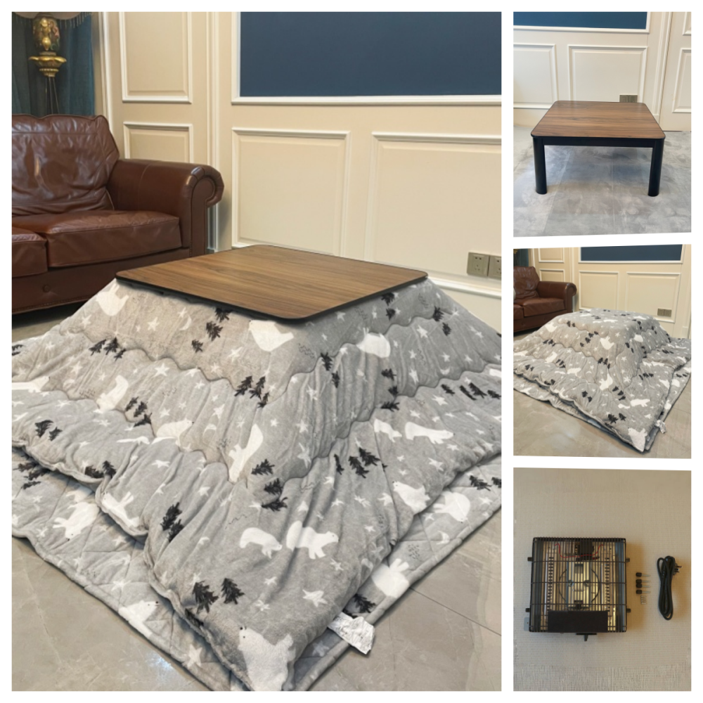 Stay Warm with a 4-Piece Kotatsu Set - Black Table, Heater, Futon