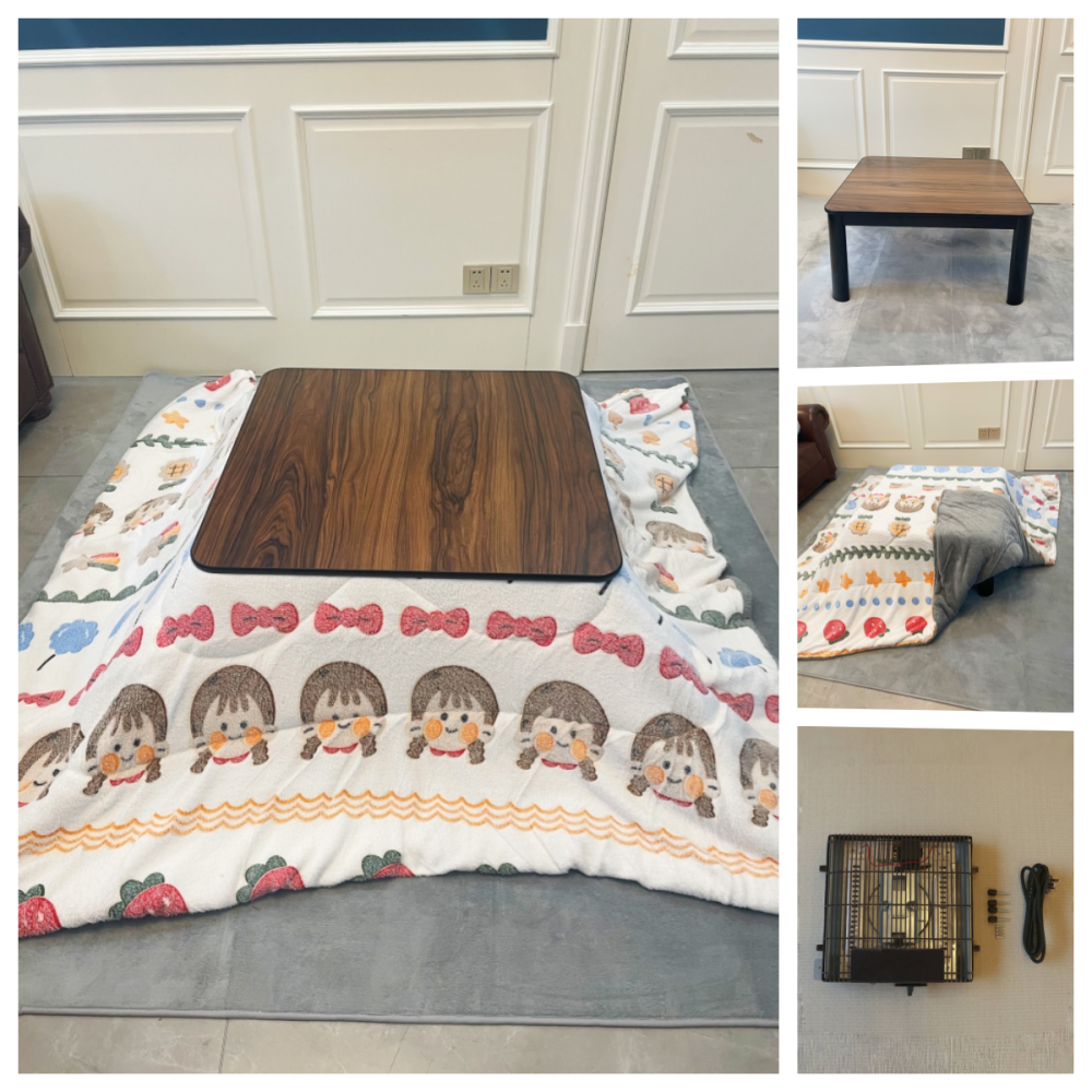 Stay Warm with a 4-Piece Kotatsu Set - Black Table, Heater, Futon
