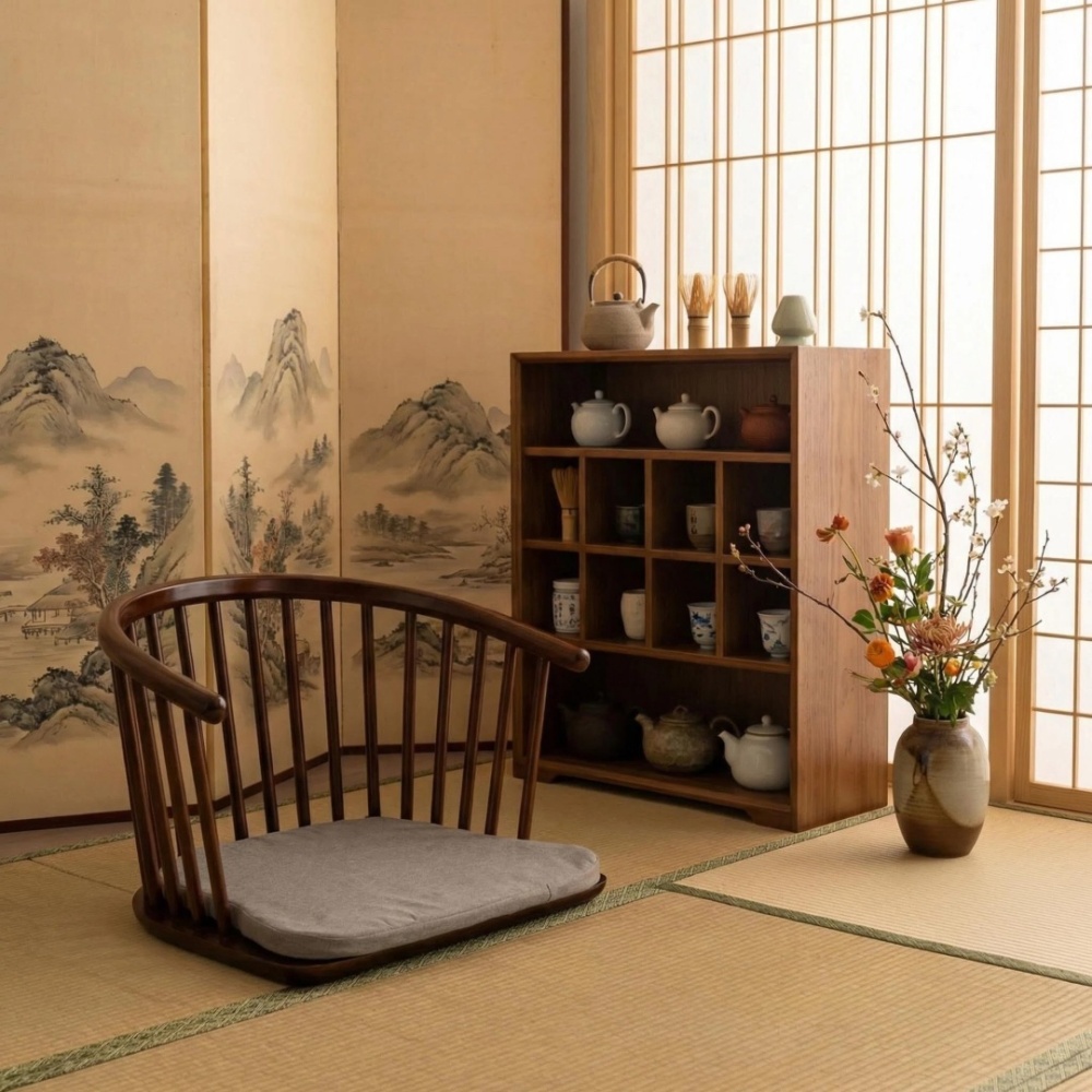 Japanese Tatami Zaisu Legless Chair with back Support ,mahogany Finish