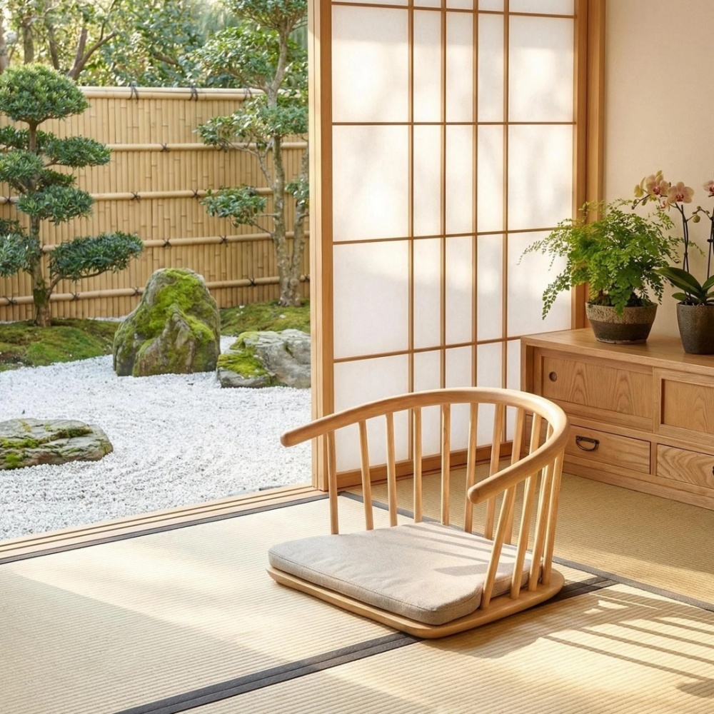 Japanese Tatami Zaisu Legless Chair with back Support ,Natural Finish