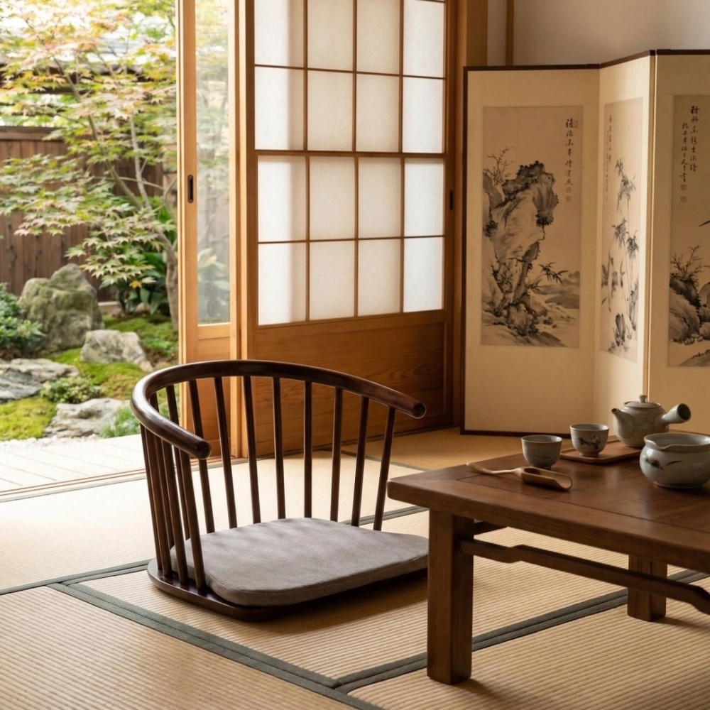 Japanese Tatami Zaisu Legless Chair with back Support ,mahogany Finish