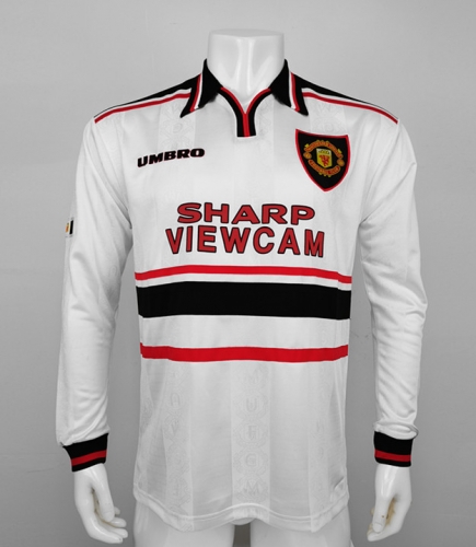 98 Retro Version Manchester United White LS Thailand Soccer Jersey AAA-710