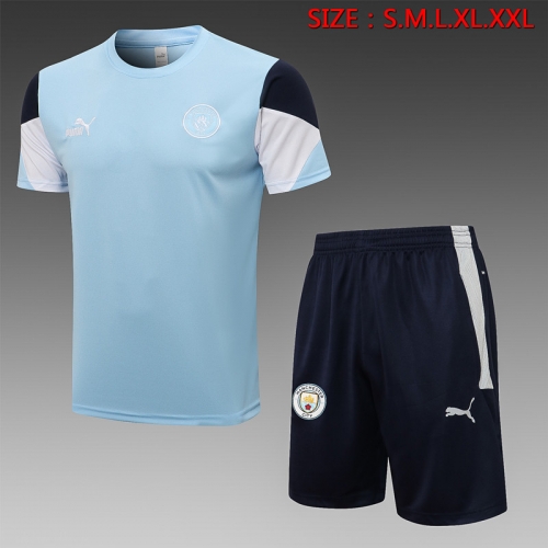2021/22 Manchester City Blue Short-Sleeve Thailand Soccer Tracksuit Uniform-815