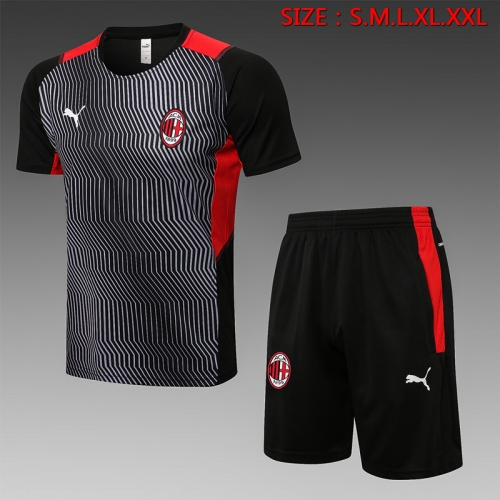 2021-2022 AC Milan Black & Gray Shorts-Sleeve Soccer Tracksuit Uniform -815