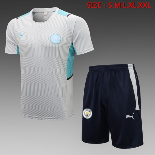 2021/22 Manchester City Light Gray Short-Sleeve Thailand Soccer Tracksuit Uniform-815